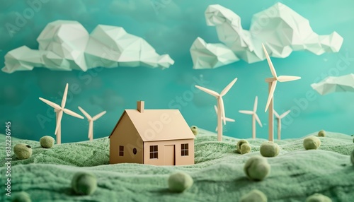 Recycled brown paper model house collage style wind turbines blue sky green grass background copy space