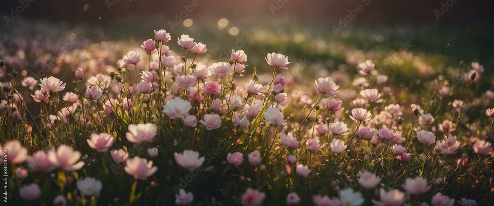 Obraz premium A tranquil scene of wildflowers bathed in sunlight with dew drops, creating a serene backdrop