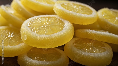 Freshly sliced candied lemon slices close-up, showcasing the sugary coating and juicy texture photo