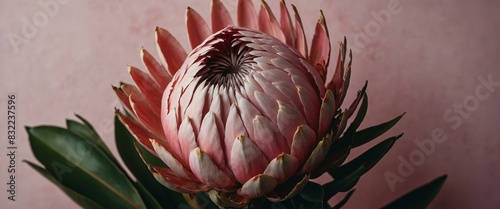 The image captures the striking details of a protea flower with a focus on its patterns against a soft pink background
