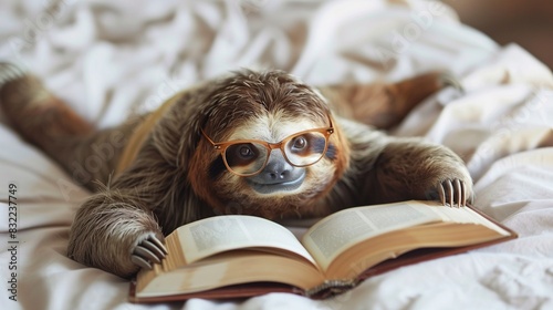 Cute sloth with glasses reading a book.