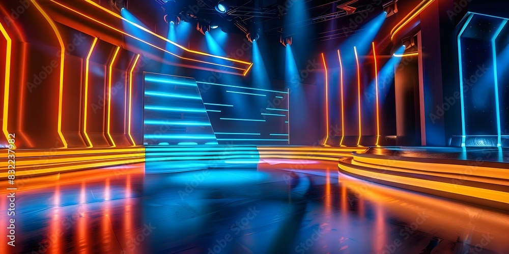 © Anastasiia - Neon lights bring colorful glow to modern game show stage without an audience. Concept Game Shows, Neon Lights, Modern Stage, Colorful Glow, Audience-less
