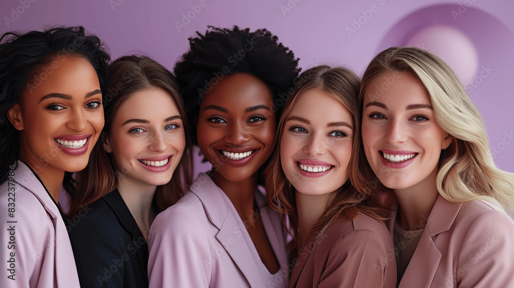 Diverse Business Women Smiling in Professional Photoshoot on Purple Background Diverse Business Women Smiling in Professional Photoshoot on Purple Background