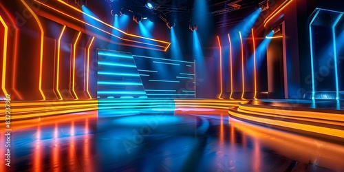 Neon lights bring colorful glow to modern game show stage without an audience. Concept Game Shows, Neon Lights, Modern Stage, Colorful Glow, Audience-less