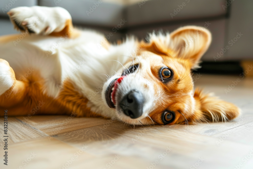 Obraz premium Happy Corgi Dog Lying on the Floor