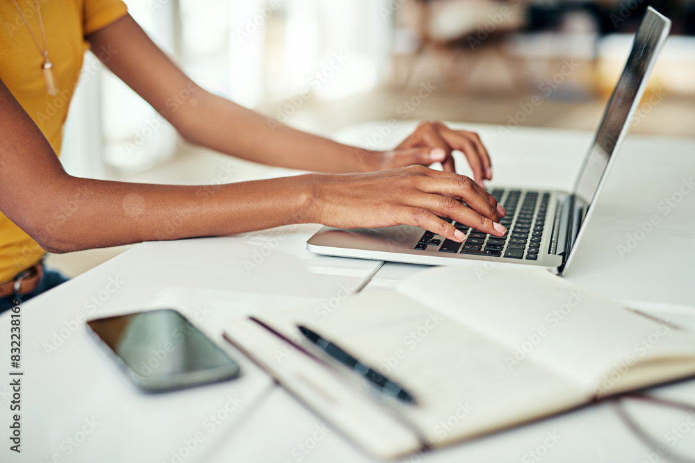 Woman, hands and email on laptop in office for typing or communication, task management and spreadsheet for time tracking. Business, entry and report or document for productivity and deadline. Woman, hands and email on laptop in office for typing or communication, task management and spreadsheet for time tracking. Business, entry and report or document for productivity and deadline.