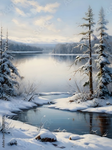 Winter Lake River Landscape Nature Oil Painting Art © PikGrand