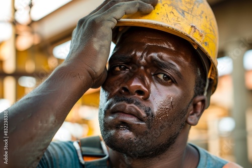 Building remodeling stress and civil engineering error cause headaches for construction workers. Troubled black male contractor in burnout, crisis, and city industrial issue
