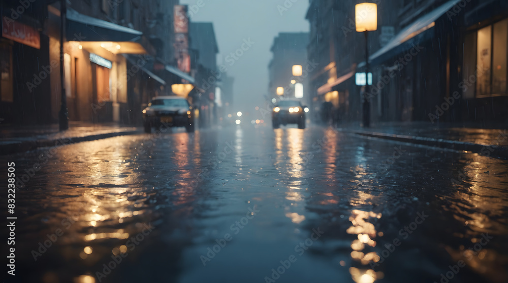 a rainy street with a car driving down it