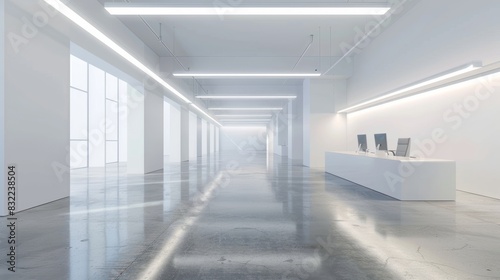 Modern urban office interior features sleek workstations beneath fluorescent lights, surrounded by empty white walls and polished concrete floors in a minimalist space.
