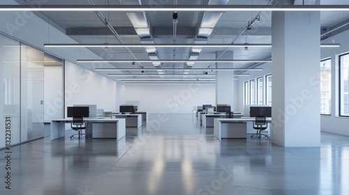 Modern urban office interior features sleek workstations beneath fluorescent lights  surrounded by empty white walls and polished concrete floors in a minimalist space.