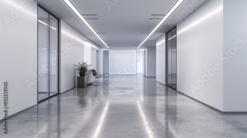 Modern office corridor with sleek flooring and minimalist decor, featuring a spacious meeting room and vacant white wall space, illuminated by soft overhead lighting.