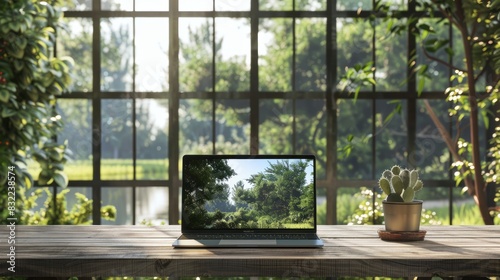 Modern laptop mockup on a rustic wooden desk placed in front of a massive glass window with a serene natural landscape as the backdrop.