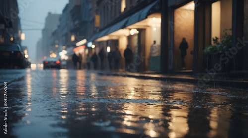 a wet street with a building in the background