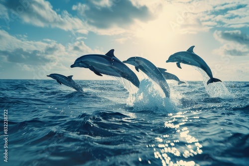 lively spectacle of playful dolphins leaping over crashing waves  showcasing the vibrant beauty of marine wildlife in their natural ocean habitat.