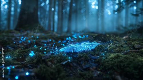 Mystical ambiance pervades the ancient forest, illuminated by ethereal glowing lights, as a solitary blue luminescent blade lies abandoned on the misty, moss-covered ground.