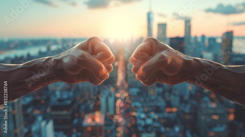 Urban cityscape background with two fists in a triumphant bump pose, symbolizing unity and deal-making, against a blurred metropolitan environment. photo