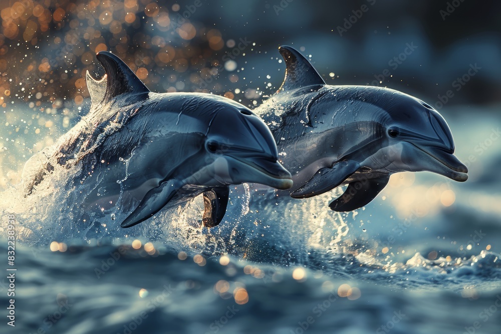 Obraz premium lively spectacle of playful dolphins leaping over crashing waves, showcasing the vibrant beauty of marine wildlife in their natural ocean habitat.