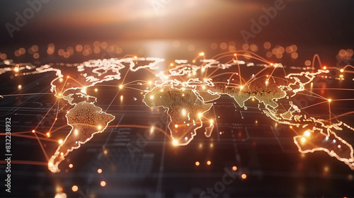 Digital depiction of glowing global network lines on a stylized world map background