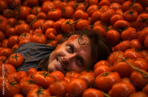 A happy man smiling while submerged in a sea of ripe tomatoes during the vibrant La Tomatina festival in Bunol, Spain photo