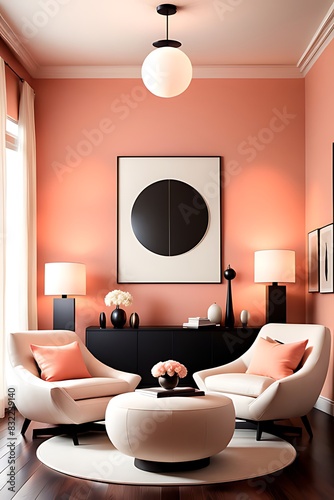 Peach Fuzz Trend Color Year 2024 in Premium Living Room. Mockup Wall for Art in Peach Pastel Beige. Modern Interior Design Lounge with Accent Premium White Chairs. 3D Render.