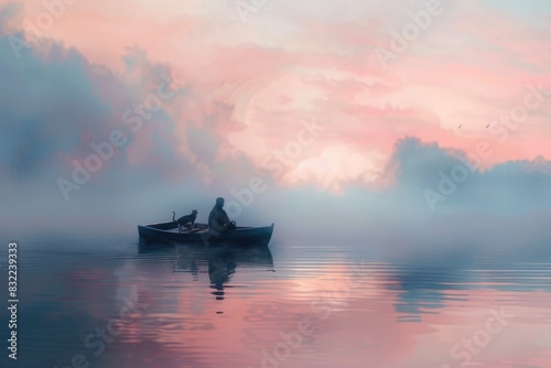 A lone fisherman in a small boat on a peaceful lake