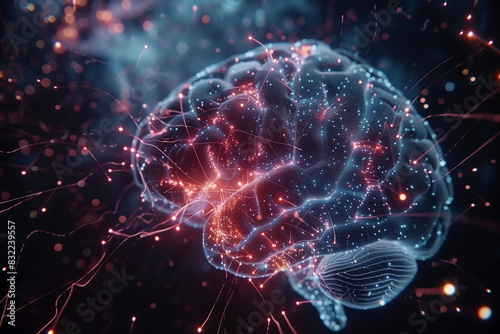 Brain cell conection. Brain with neural connections. Hologram visualization.