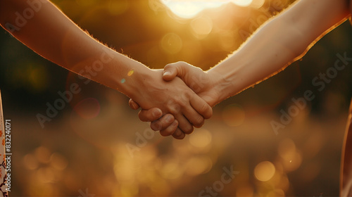 Close-up of a firm handshake between two individuals backlit by a sunset, symbolizing trust and agreement photo