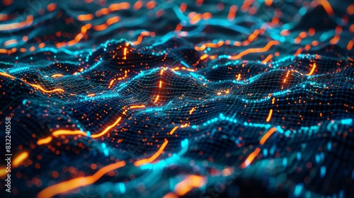 Intricate lattice of glowing blue circuitry converges with vibrant neon threads, illuminating a futuristic, ai-generated network of global connections in a mesmerizing top-down view.