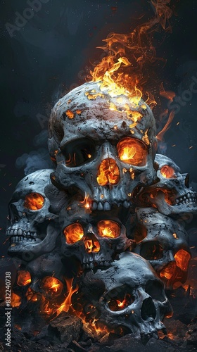 A haunting display of skulls atop a blazing fire, a mesmerizing and eerie sight