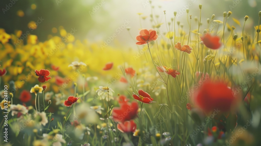 Obraz premium Field of vibrant wildflowers with a background of yellow blossoms a picturesque spring scene