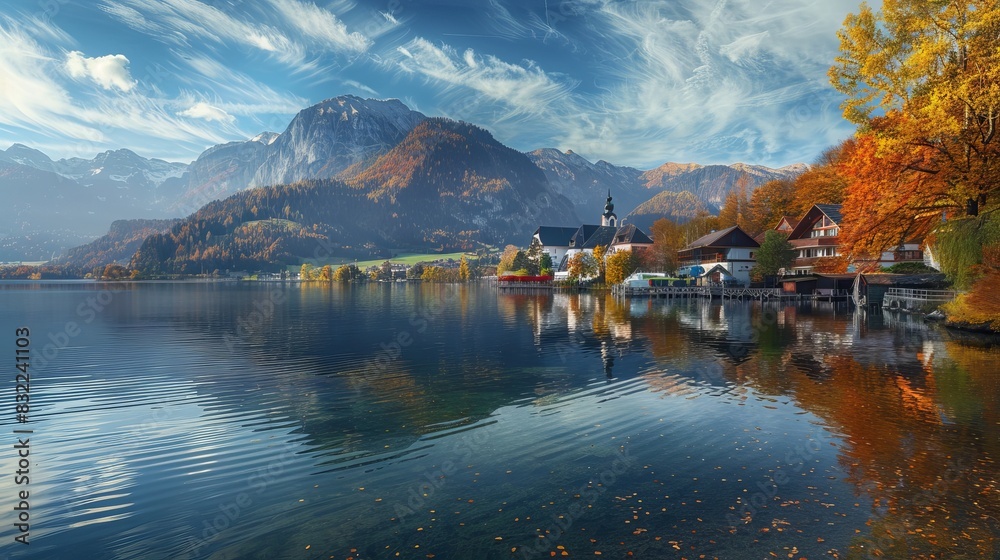 Fototapeta premium Lake Wolfgangsee Tranquility: Scenic View of Austria's Idyllic Alpine Waterscape