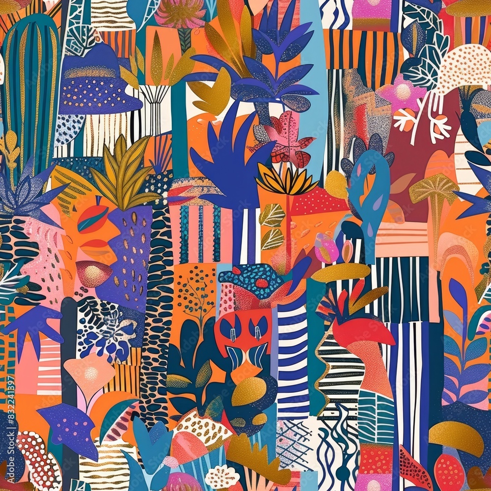 Vibrant Tropical Pattern with Exotic Flora and Abstract Shapes Vibrant Tropical Pattern with Exotic Flora and Abstract Shapes
