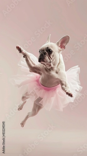 Adorable French Bulldog in Pink Ballet Tutu Performing a Leap