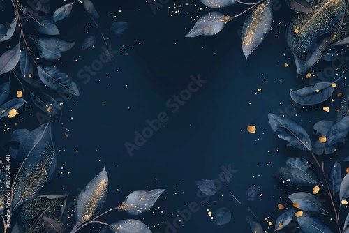Elegant Blue Background with Golden Leaves and Glitter Accents © dashtik