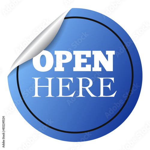 OPEN HERE sticker circle shape blue color, guiding user on where to access or begin