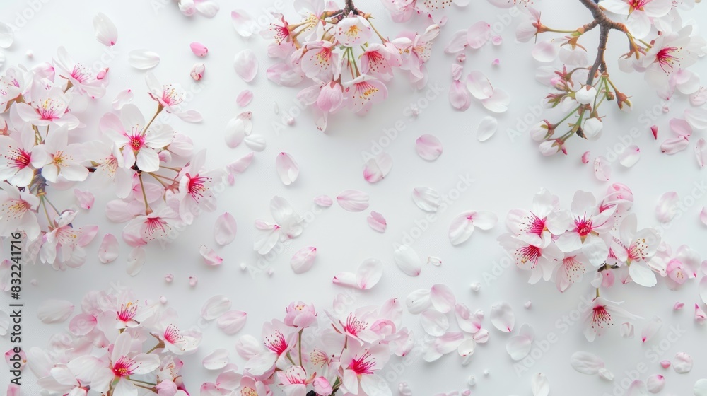 Delicate pink and white tree blossoms and soft petals scattered on a crisp white background, forming a serene and peaceful flat lay composition.