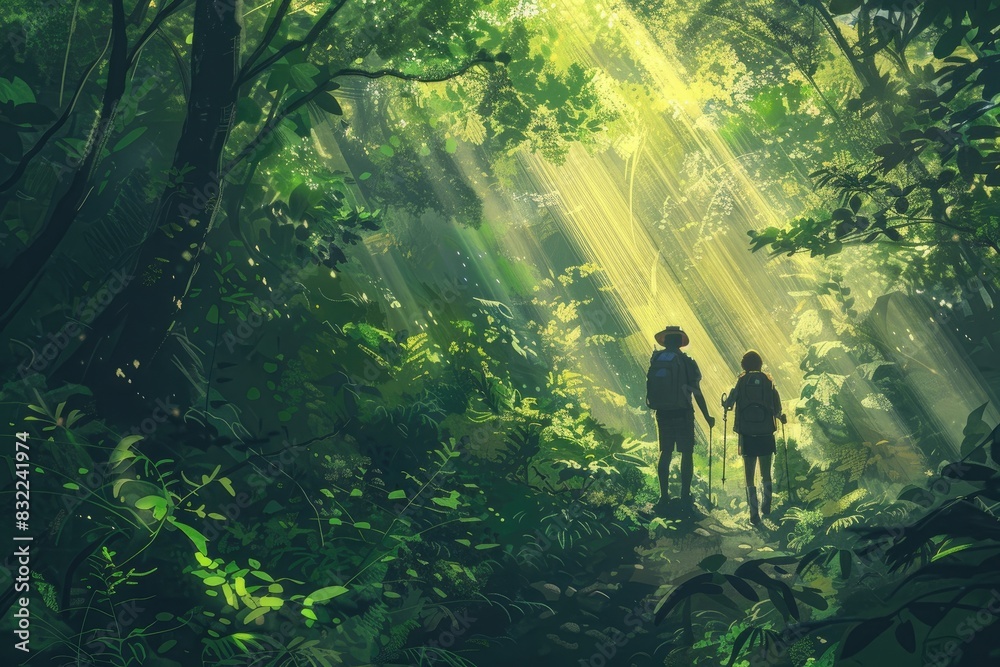 The image shows a lush green forest with two people walking through it ...