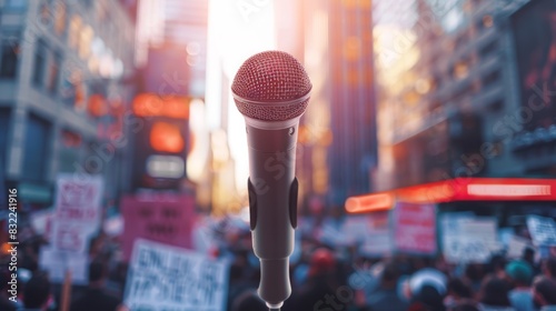 A vacant podium microphone stands against a backdrop of protest banners and cityscape, symbolizing the call for criminal justice reform and social change. photo