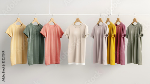 Stack of folded clothes on table against beige background, Pile of clothes, Colorful hoodies on hangers close - up modern design
