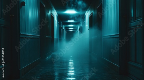 Ominous, dimly lit corridor with floor spotlighted amidst darkness, eerie mist swirling, casting haunting shadows, evoking an air of foreboding mystery.