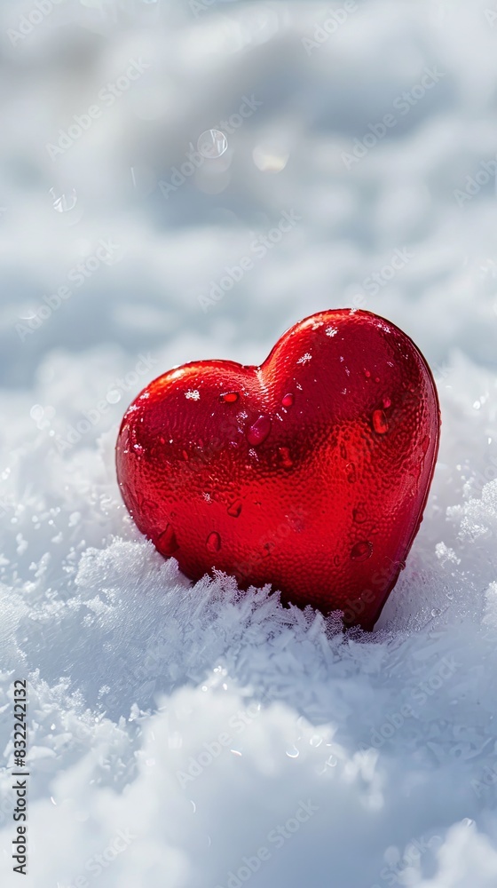 Fototapeta premium Red heart symbol resting peacefully in a blanket of snow