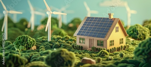 Recycled brown paper model house collage style solar panels wind turbines blue sky green grass background copy space