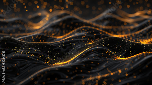Stunning abstract image illustrating the concept of fluid motion with golden particles on a dark surface