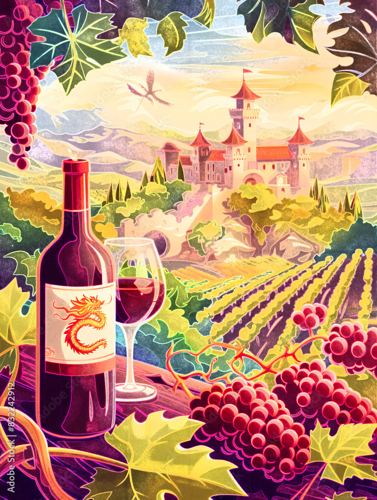 Vineyard Landscape with Wine, A picturesque vineyard landscape with a bottle of wine and glasses in the foreground.