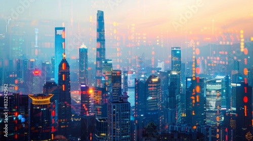 Feature a dynamic city skyline with ETF ticker symbols superimposed  conveying the accessibility and flexibility of exchange-traded funds --ar 16 9 --style raw 