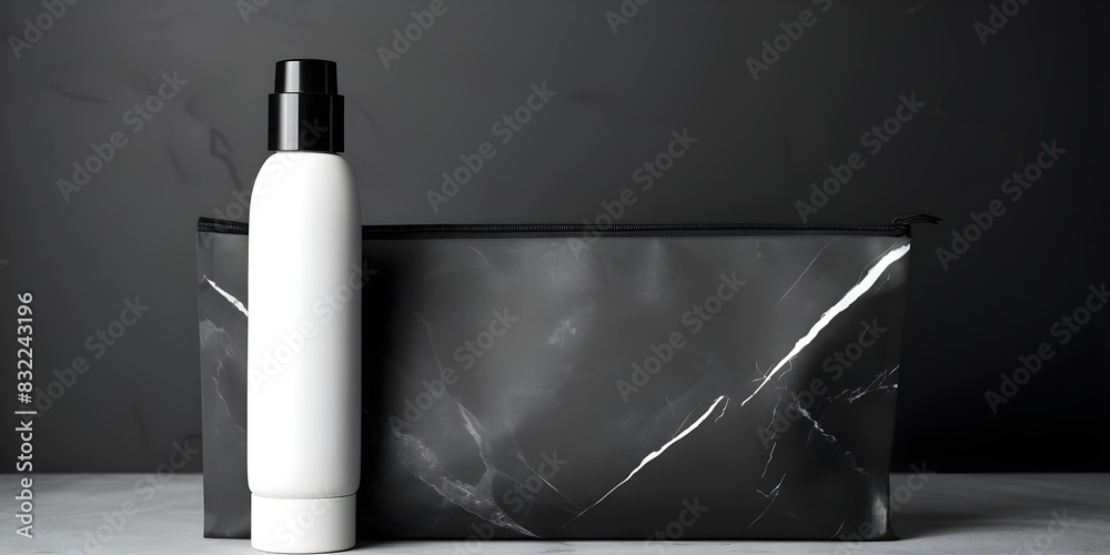 Fototapeta premium Minimalist cosmetic products with black and white packaging on dark slate background. Concept Cosmetic Packaging, Minimalist Design, Black and White, Dark Slate Background