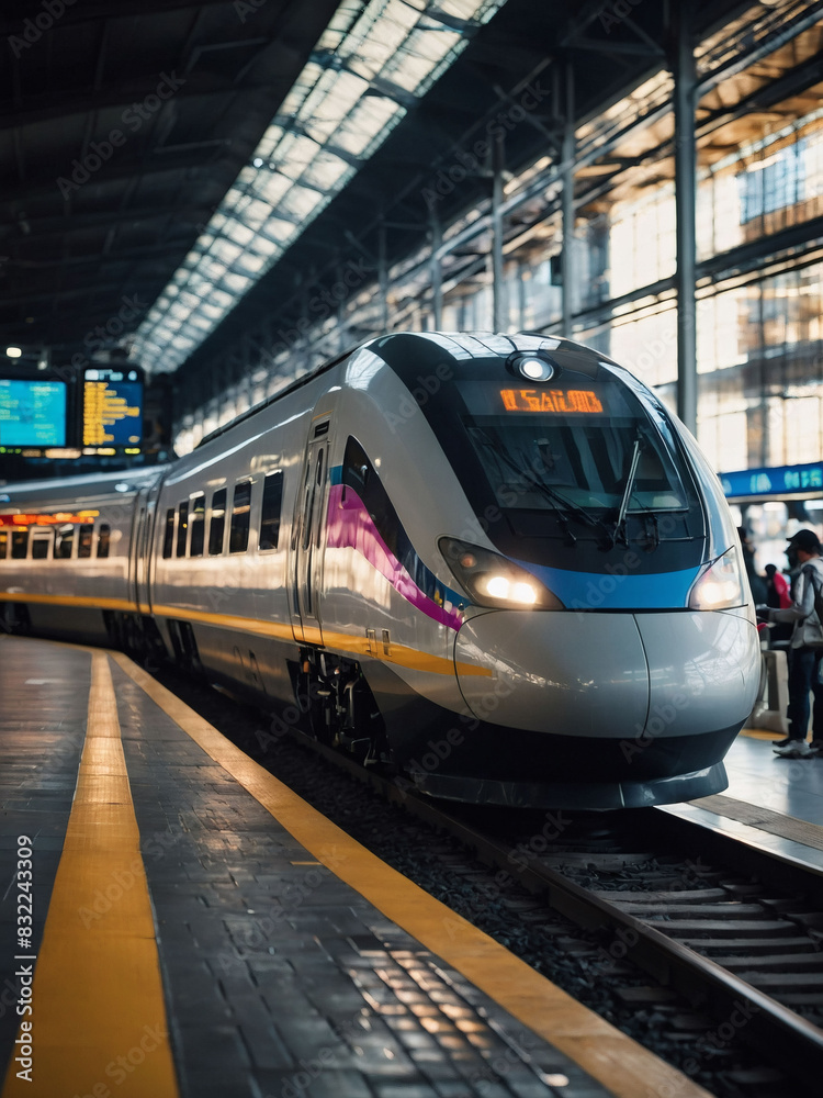 Ultra-fast train at a busy terminal with a blurred cityscape behind, high definition, colorful lighting, travel focus.