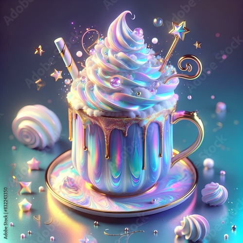 himsical Iridescent Coffee Cup with Whipped Cream and Stars, dreamy purple background, magical, cup sits on a matching saucer  photo