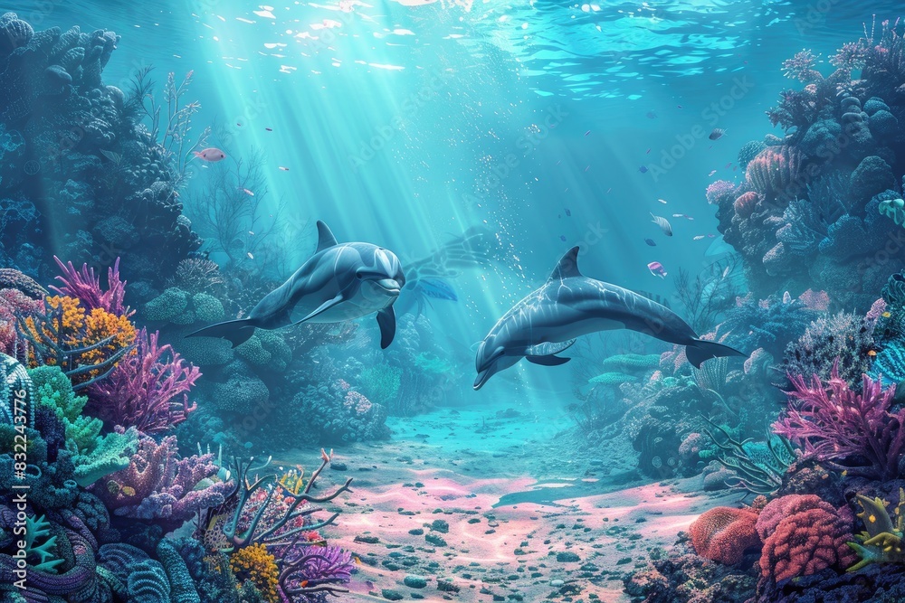Fototapeta premium Two dolphins swim gracefully through a vibrant coral reef, their sleek bodies moving in perfect harmony